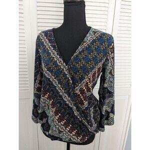 Veronica M Blouse Sz M Mix Border Print Open VNeck Faux Wrap Relaxed Blouson Top